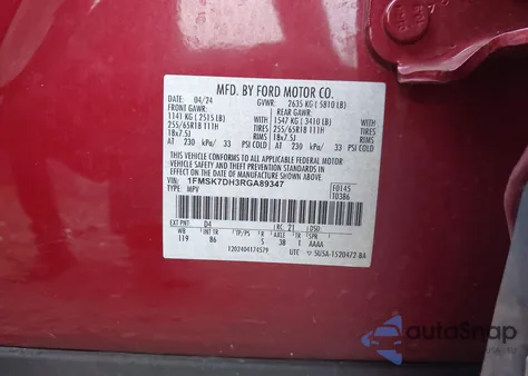 2024 Ford Explorer Xlt из США, поврежденный, VIN 1FMSK7DH3RGA89347